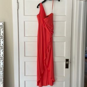 BCBGMAXAZRIA coral chiffon slit one shoulder dress sz.10
